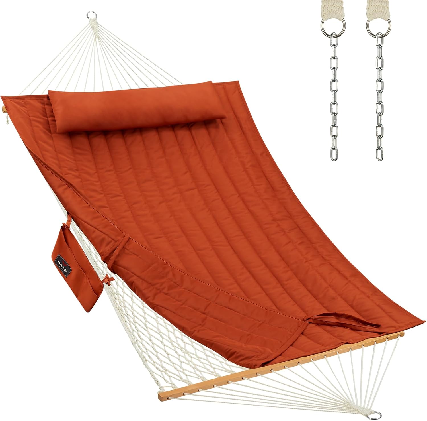 Outdoor Double Hammock with Hardwood Spreader Bars for Comfort