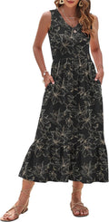 Womens Maxi Dress Sleeveless V Neck Tiered Sundress - Comfortable