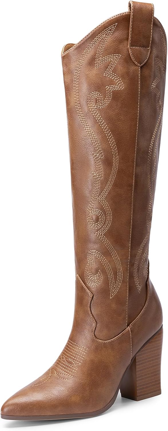 DREAM PAIRS Cowboy Boots for Women with Chunky Heel Design