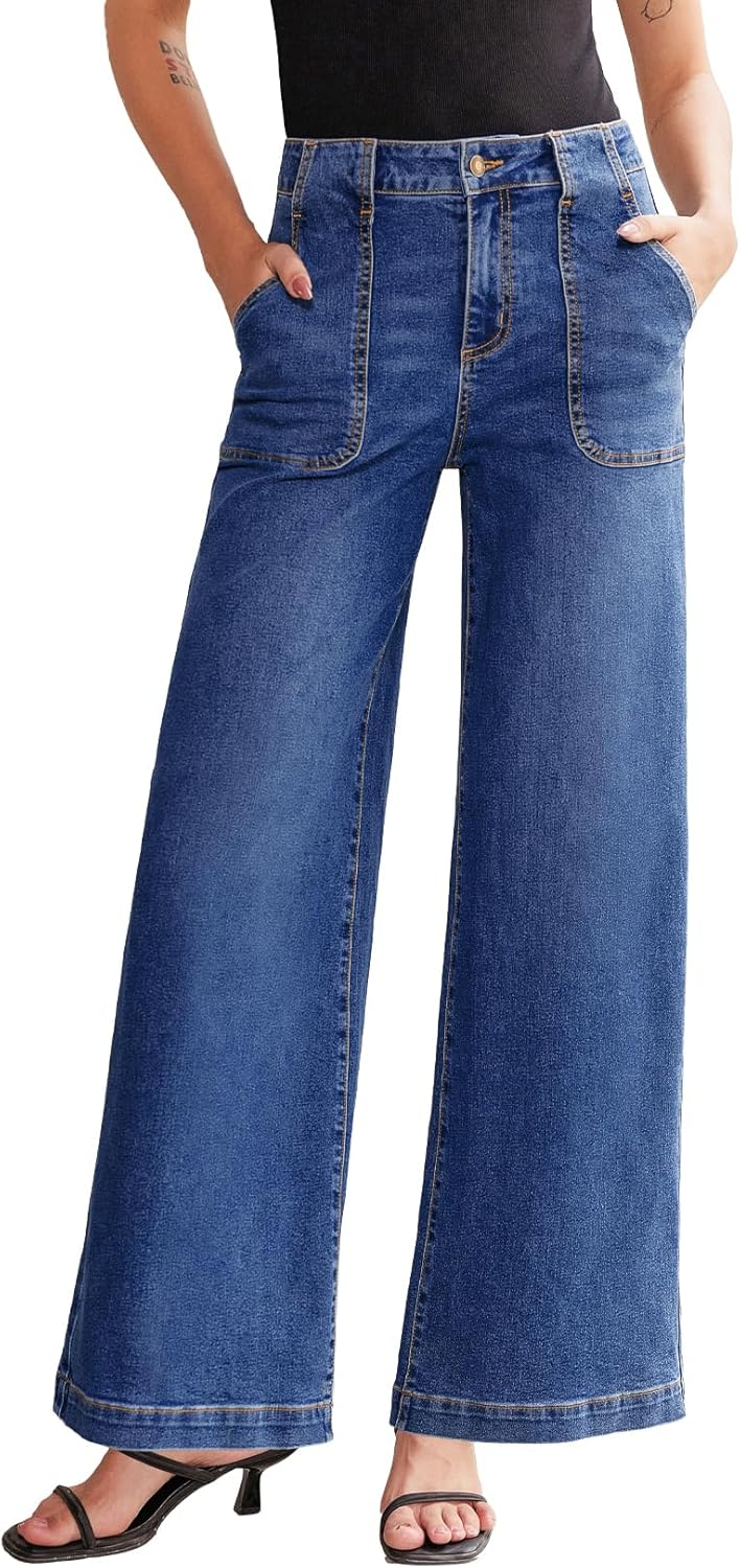 Sidefeel Womens Wide Leg Jeans High Waisted Stretchy Fit