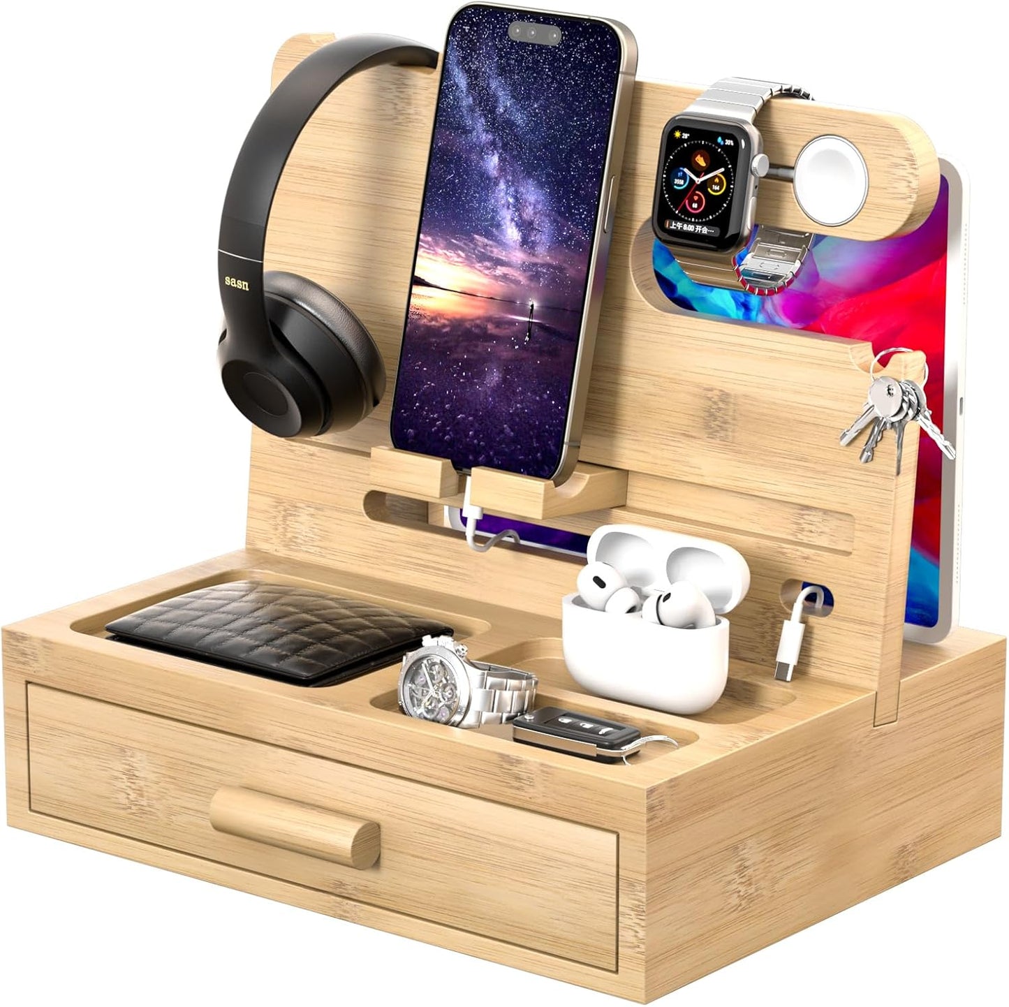 Nightstand Organizer for Men - Phone Docking Station with Drawer