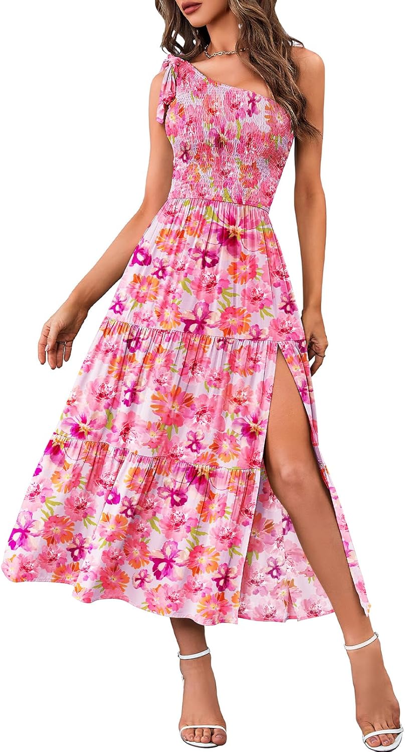 MEROKEETY Women's Summer One Shoulder Knot Smocked Midi Dress