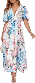 Women's Floral Maxi Dress for Weddings - Lightweight Plunge Neck
