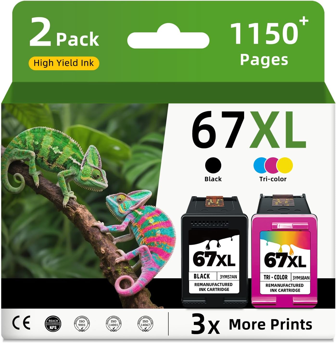 67XL Ink Cartridges Replacement for HP Printers - High Yield