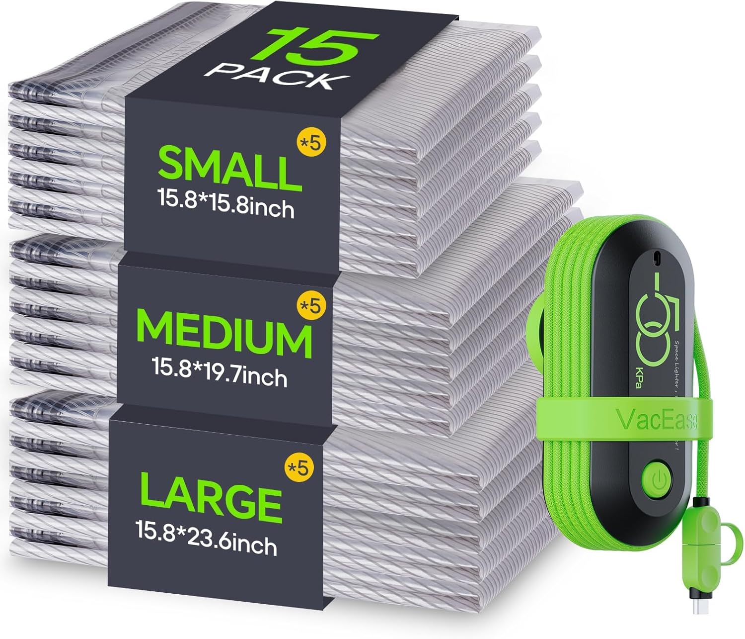 Vacuum Bags for Travel with USB Electric Pump - 15 Pack Compression