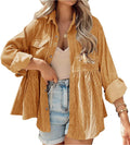 Womens Corduroy Peplum Button Down Top - Soft Long Sleeve Blouse