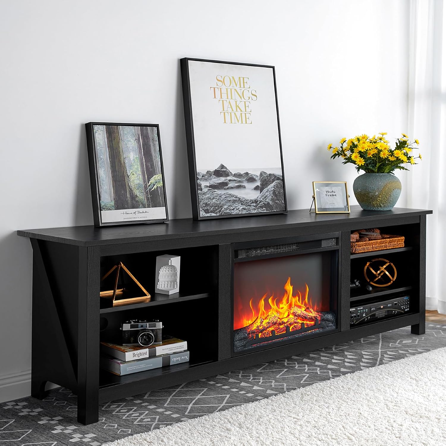 AMERLIFE 70 Farmhouse TV Stand with Electric Fireplace