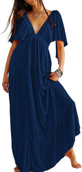 Women Summer V-Neck Maxi Dress with Flutter Sleeve - Flowy Tiered