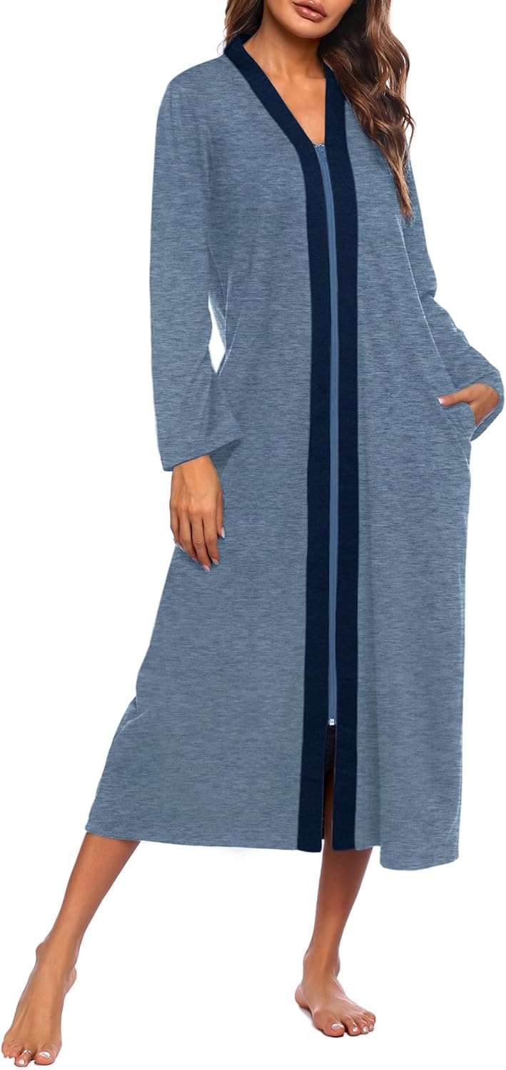 Ekouaer Women Zipper Robe Long Sleeve Loungewear with Pockets