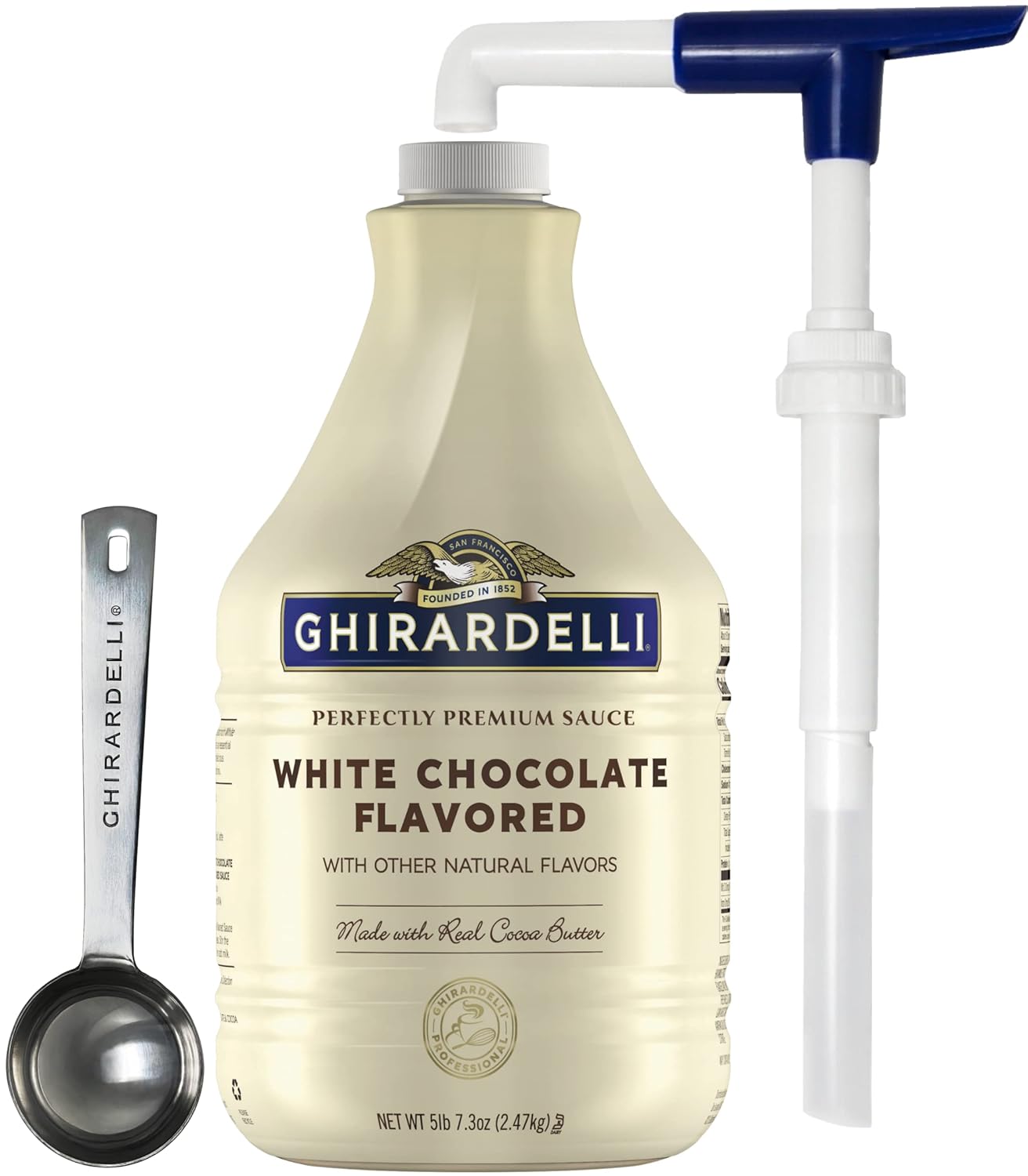 Ghirardelli White Chocolate Flavored Sauce with Pump and Spoon