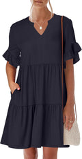 Womens Summer Ruffle V Neck A Line Tiered Mini Dress - Loose Fit