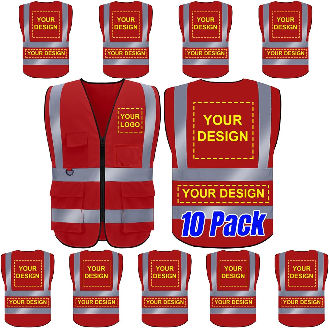 High Visibility Reflective Safety Vest 10 Pack with Pockets