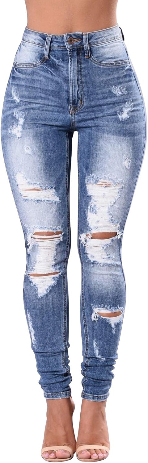 Women's High Waisted Distressed Stretch Ripped Butt Lift Jeans
