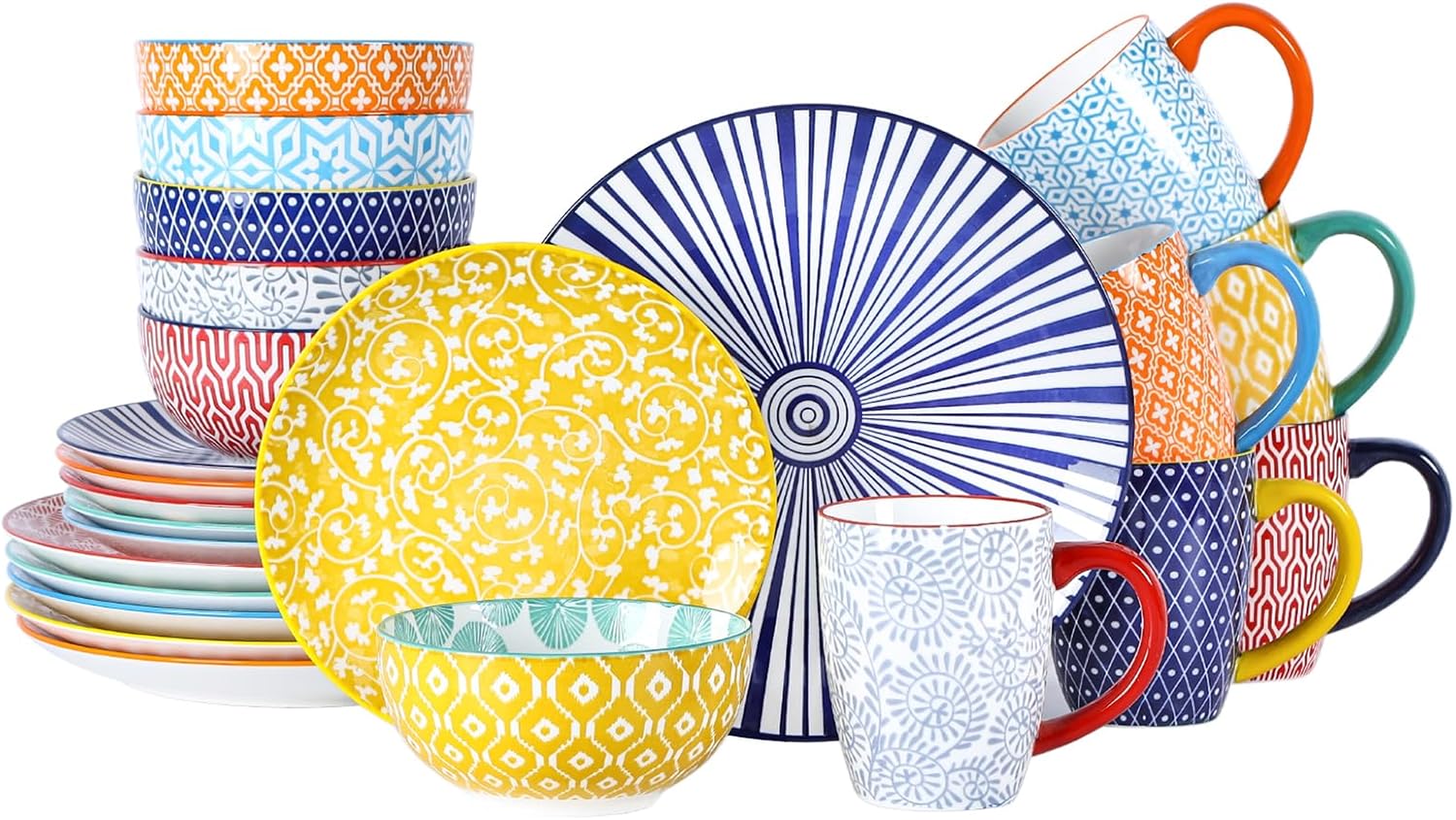 Selamica Ceramic Dinnerware Set for 6 - 24 Piece Colorful Dishes