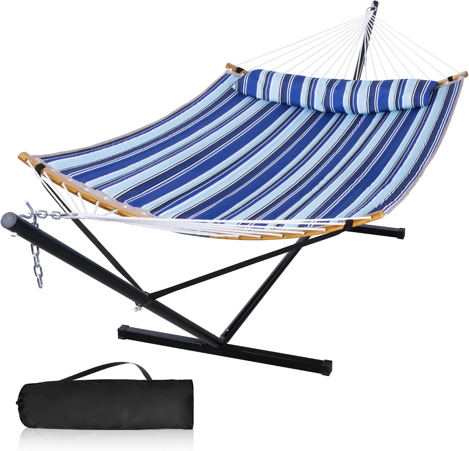 12 Ft Yard Hammock with Stand for 2 Persons, Heavy Duty Blue Stripes
