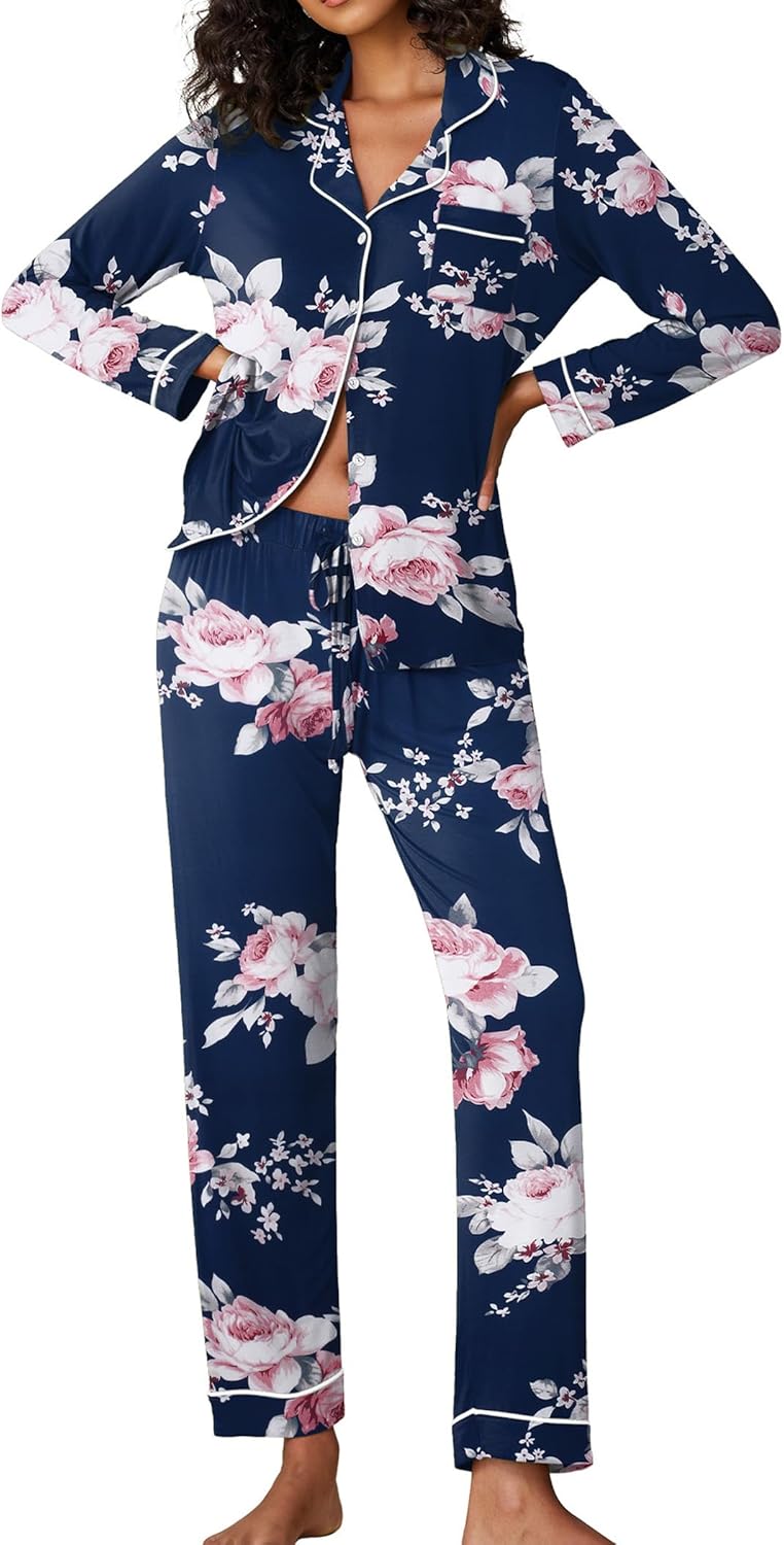 Ekouaer Pajamas Women's Long Sleeve Sleepwear Soft Button Down Set