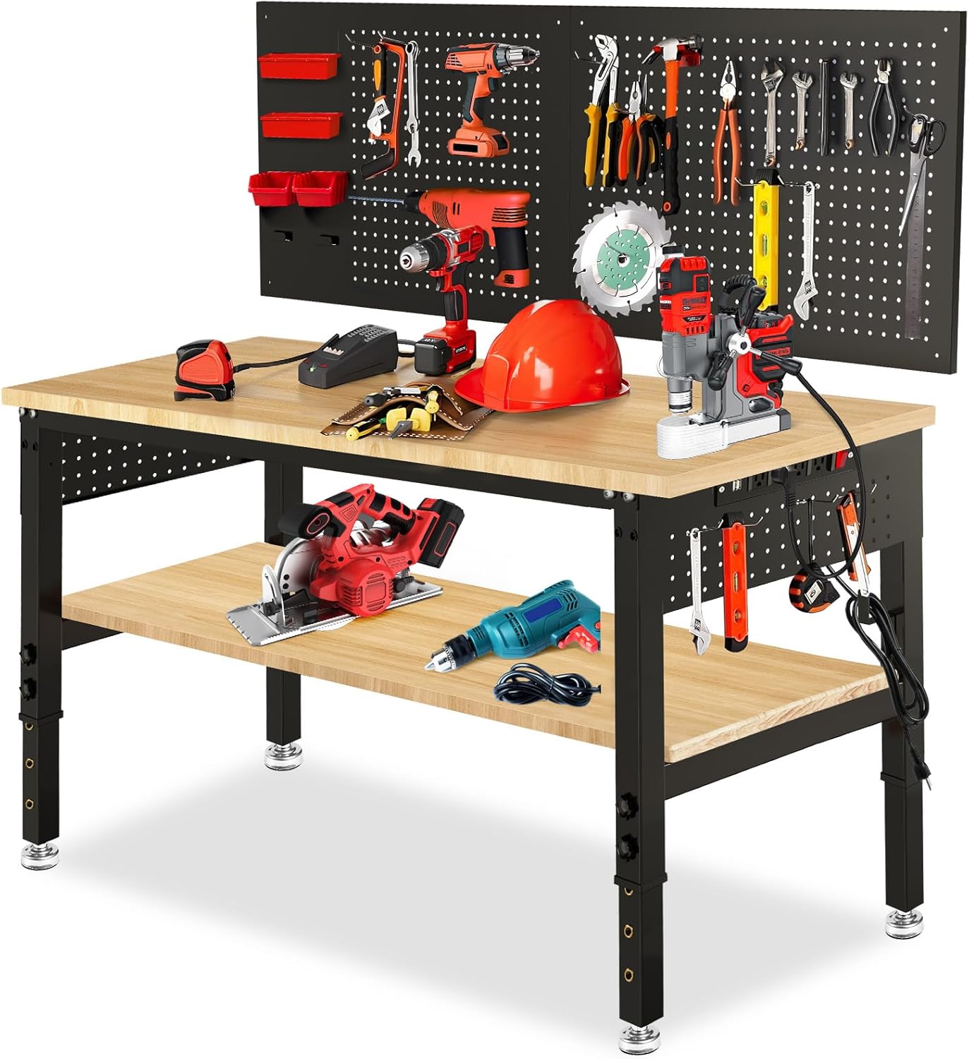 48 Adjustable Height Workbench for Garage with Rubber Wood Top