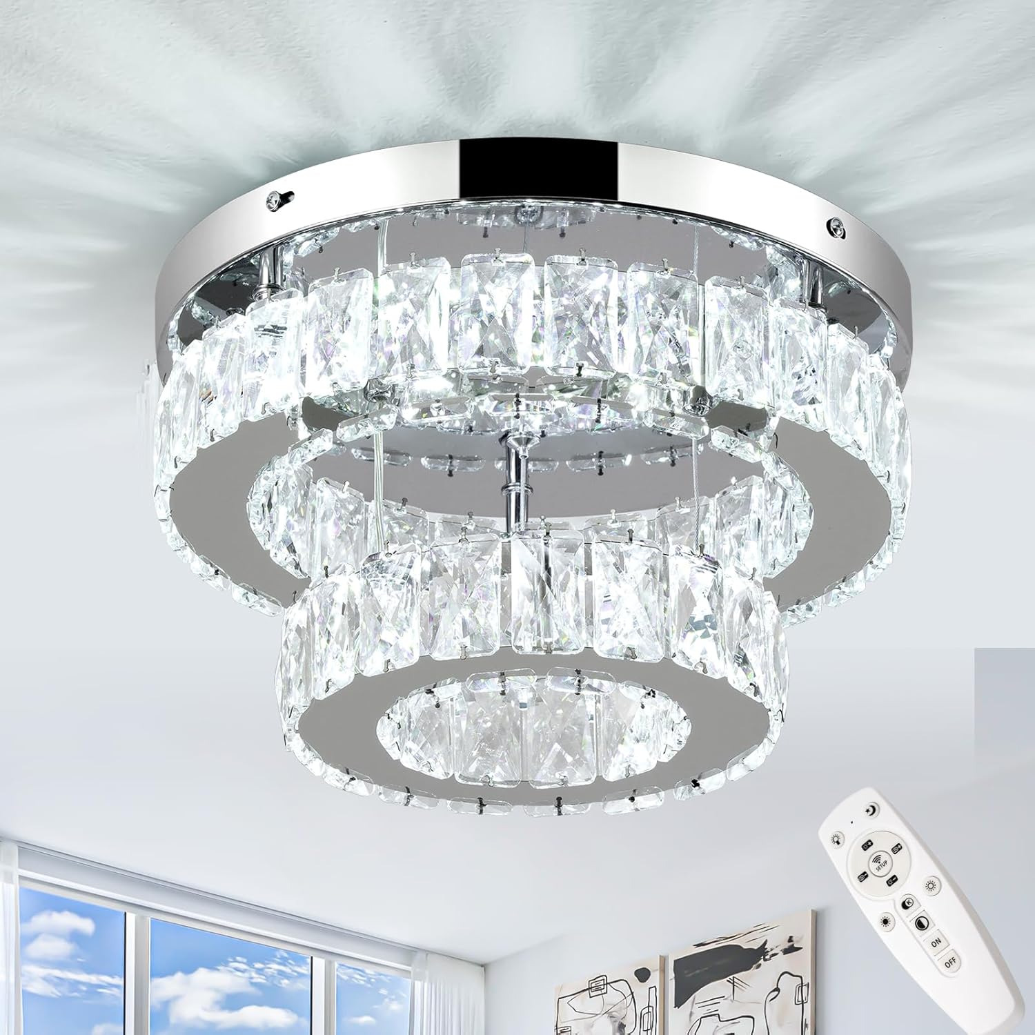 Dimmable Flush Mount Ceiling Light with Crystals for Any Room