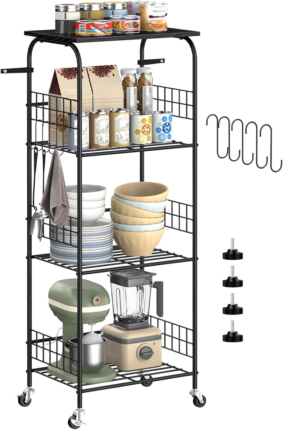Spacious 4-Tier Metal Kitchen Rack with Wheels