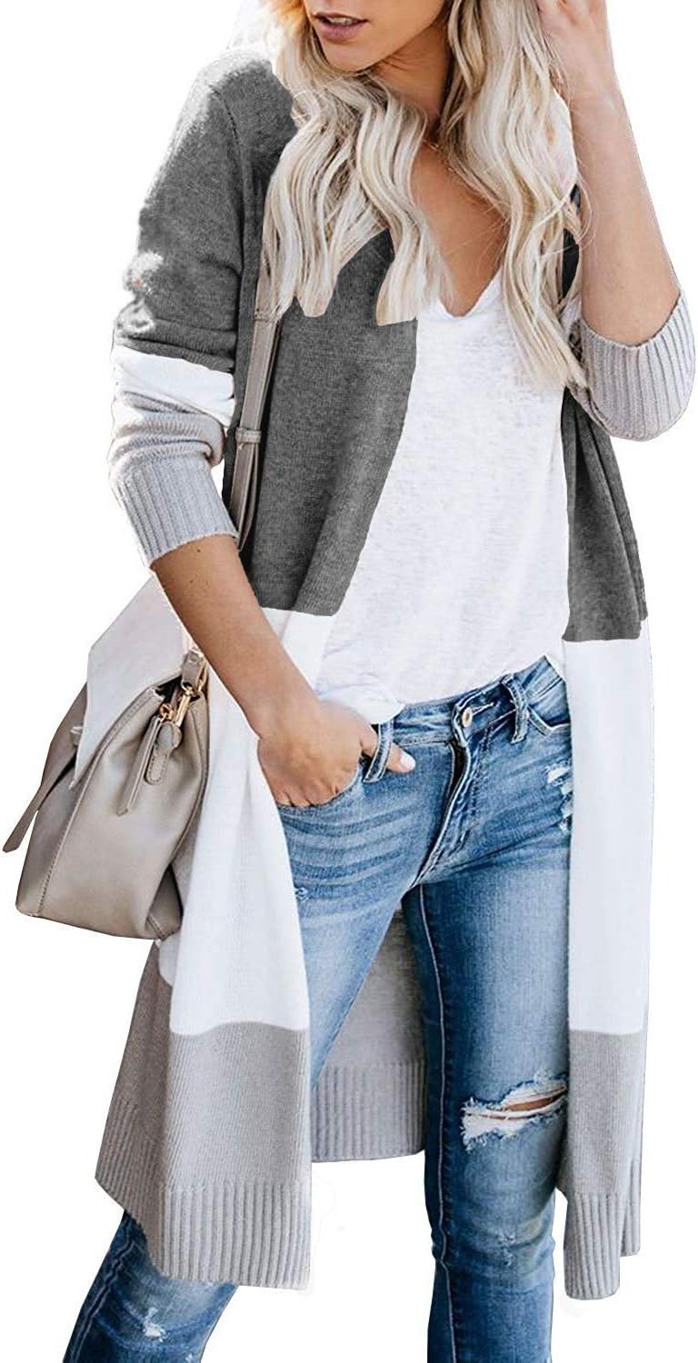 CARDYDONY Women's Long Cardigan Open Front Color Block Sweater