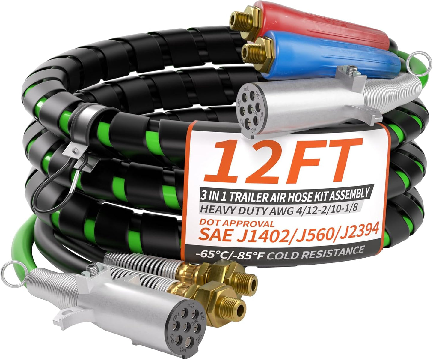 12FT 3 in 1 Trailer Air Line Hose Kit for Semi Trucks