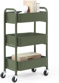 Army Green 3-Tier Compact Rolling Metal Storage Cart - Under-Desk