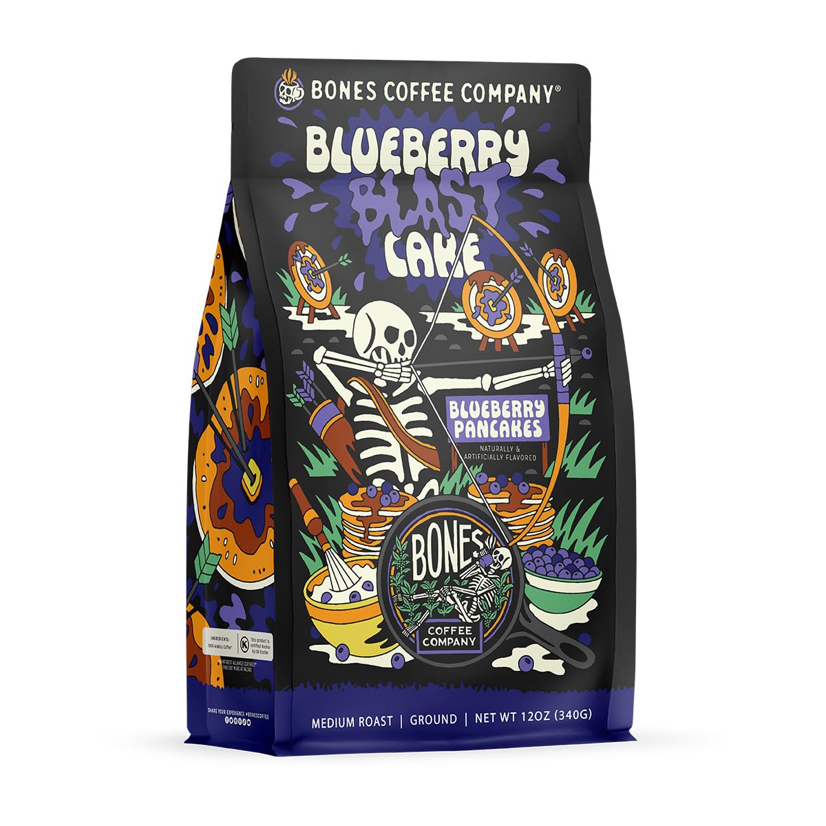 Bones Coffee Blueberry Blast Cake Ground Coffee - Low Acid, Blueberry Pancakes (12 oz)
