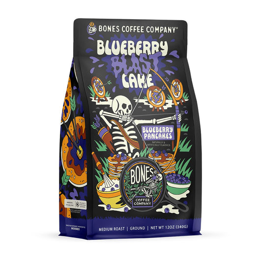 Bones Coffee Blueberry Blast Cake Ground Coffee - Low Acid, Blueberry Pancakes (12 oz)