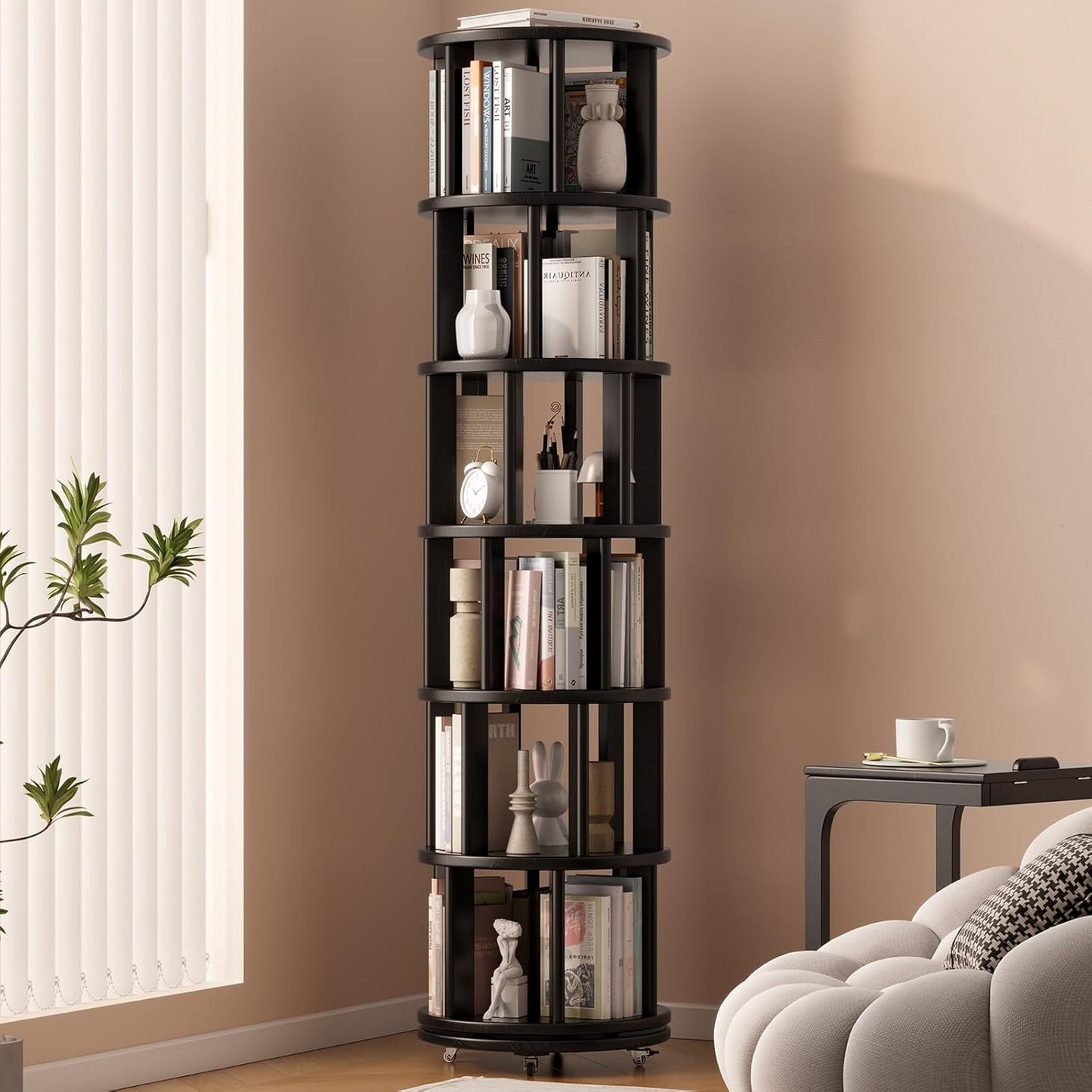 Solid Wood Rotating Bookshelf on Wheels for Small Spaces
