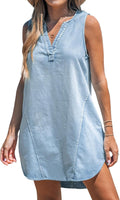 Denim Mini Dress V Neck Sleeveless - Flowy Casual Summer Dress