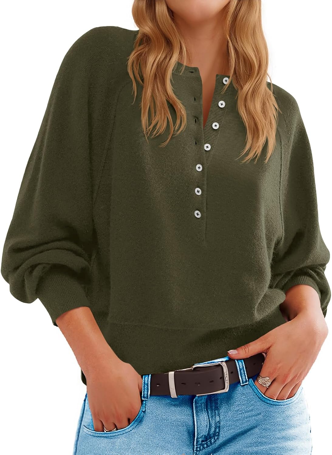 Saodimallsu Womens Button Crew Neck Sweater for Trendy Style