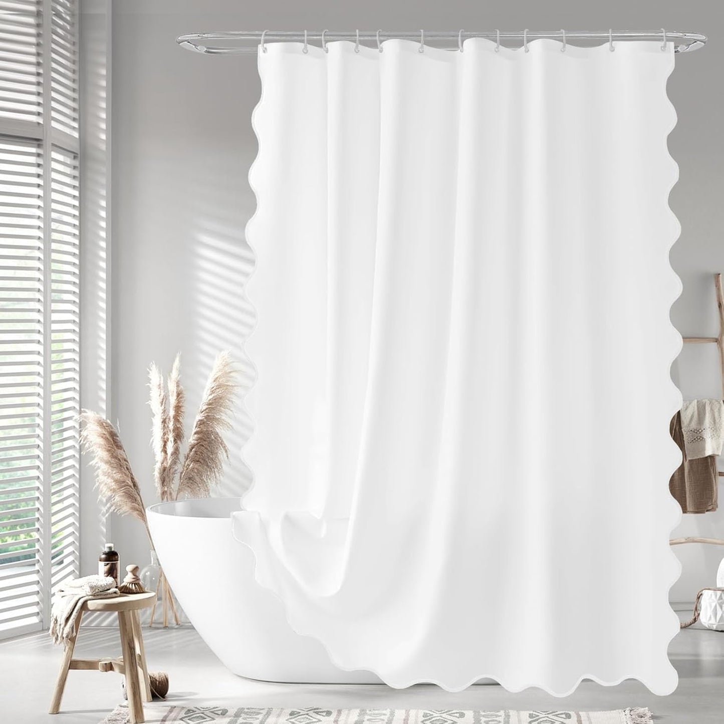 White Scalloped Fabric Shower Curtain - Aesthetic Charm!