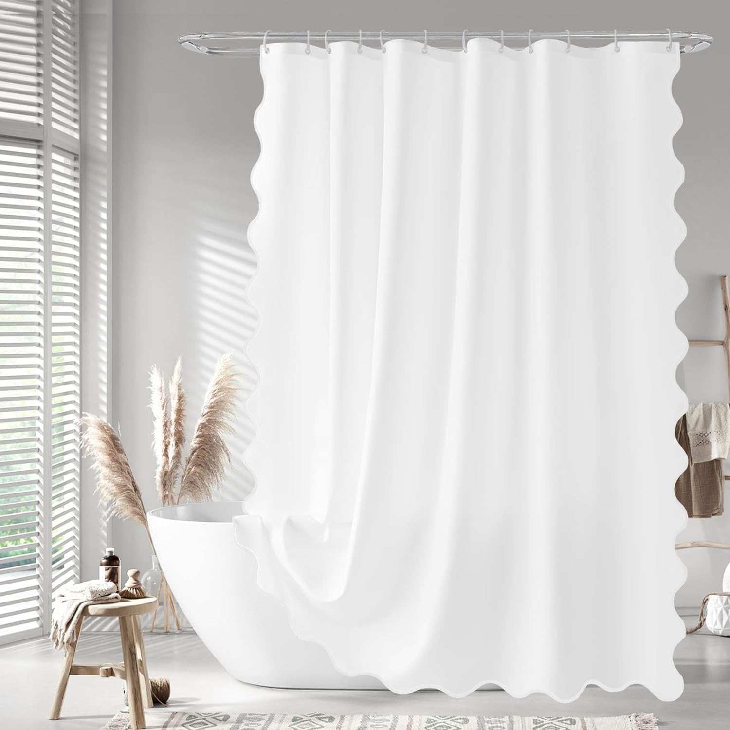 White Scalloped Fabric Shower Curtain - Aesthetic Charm!