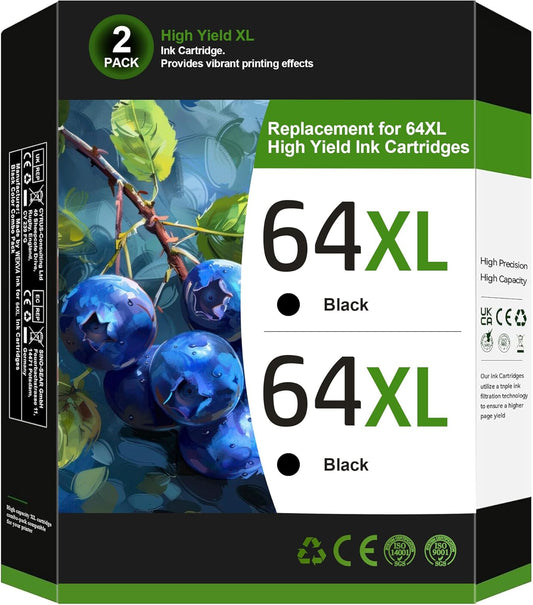 64XL Black Ink Cartridge 2 Pack for HP Printers High Yield