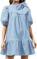 Women Summer Puff Short Sleeve Denim Dress Mock Neck Babydoll Jean