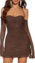 Parthea Womens Sequin Sparkly Off Shoulder Mini Dress - Long Sleeve