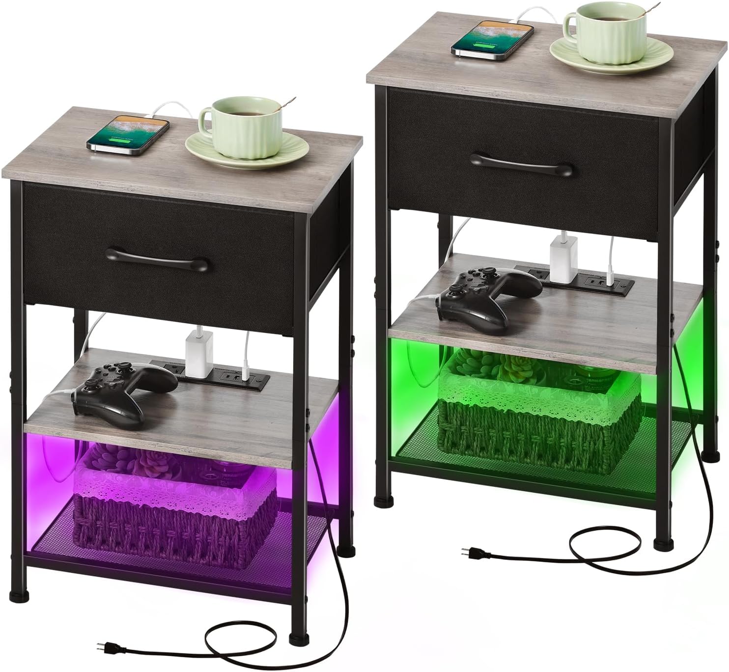 Nightstands Set of 2 with Charging Station and LED Light Strip