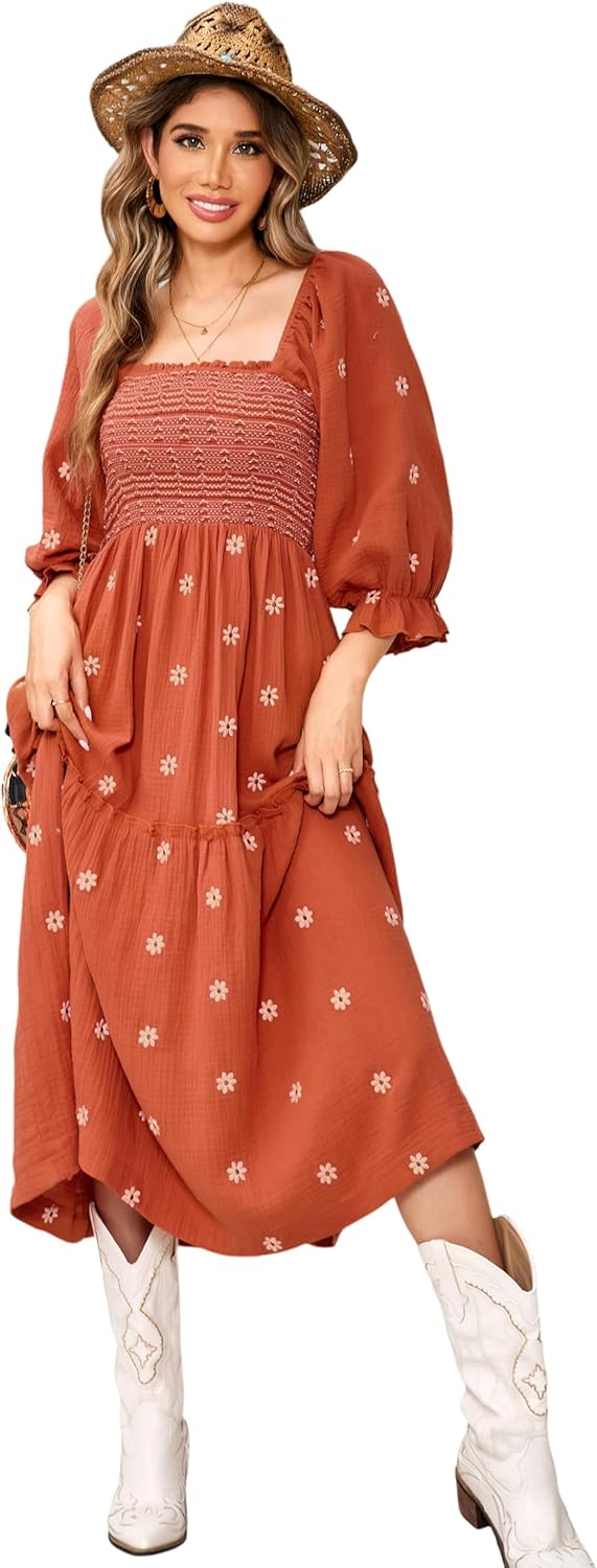 R.Vivimos Women's Long Sleeve Cotton Boho Midi Dress Review