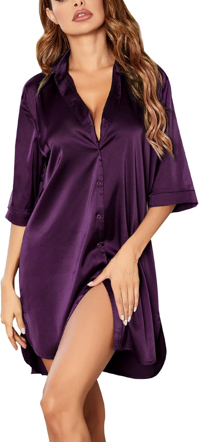 Ekouaer Women's Satin Nightshirt for Comfortable Sleepwear