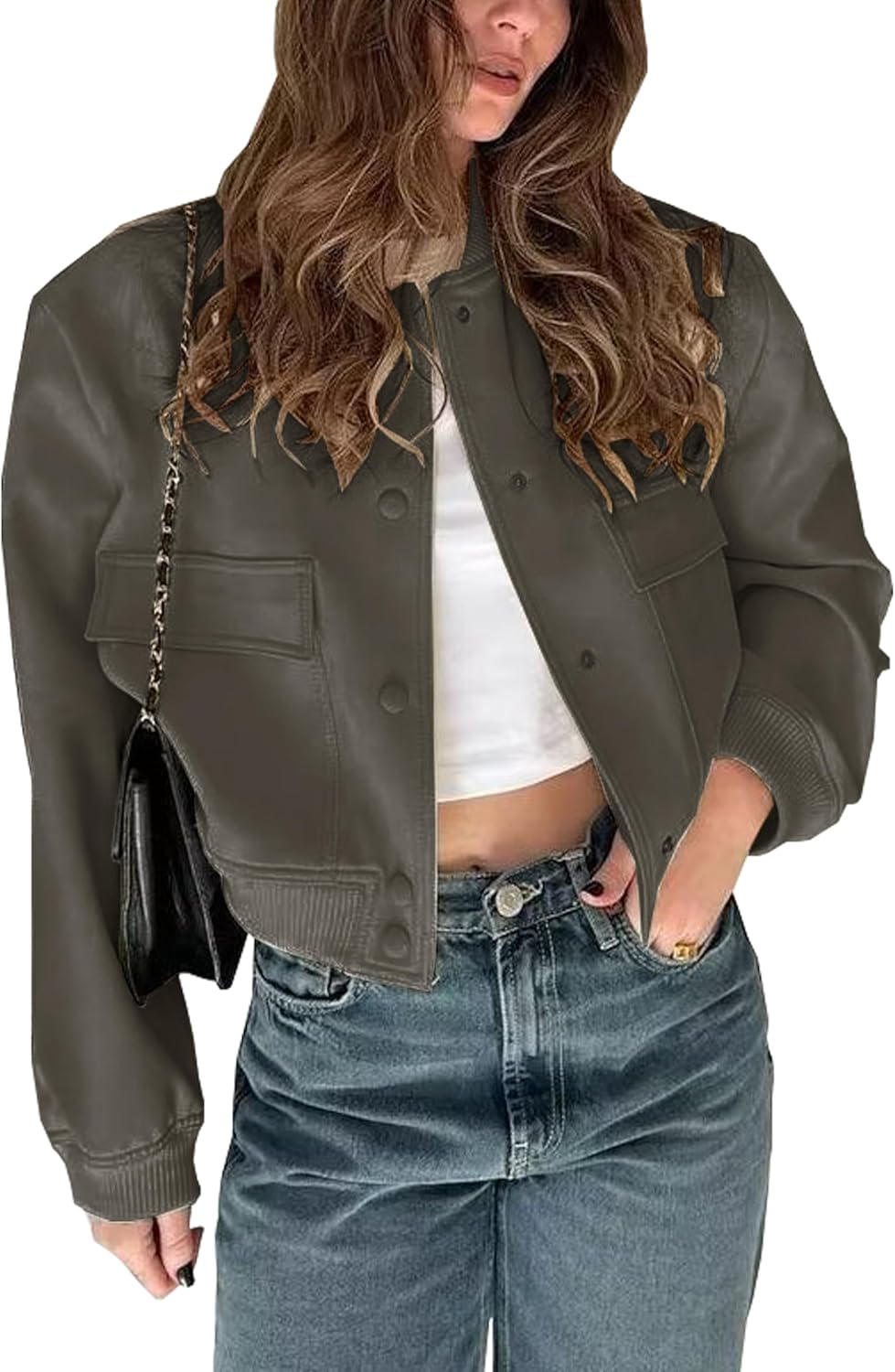 Womens Cropped Bomber Jacket with Button Down Closure and Pockets