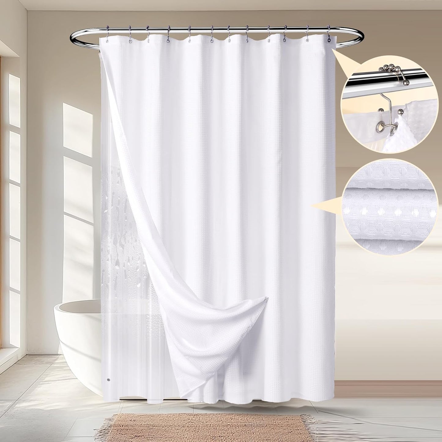 River Dream 3-in-1 Shower Set: Waterproof White Fabric & Clear Liner with Hooks