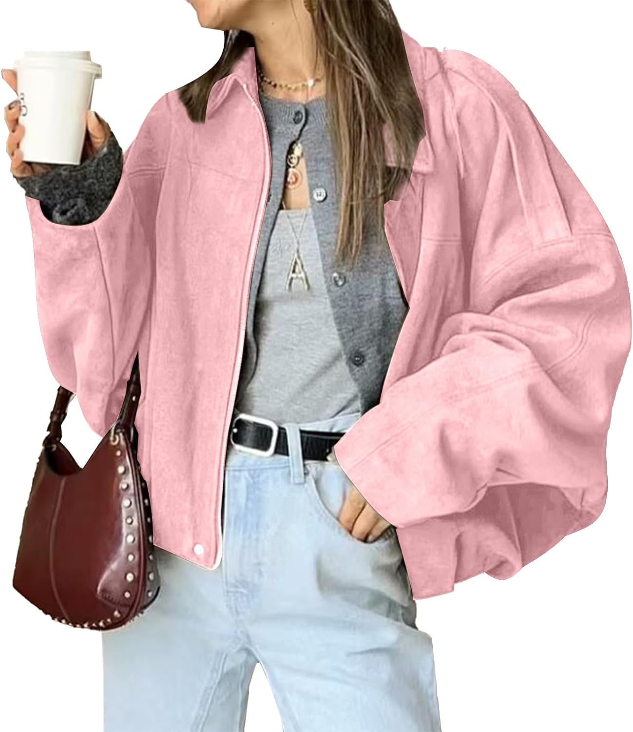 Faux Suede Bomber Jacket for Women - Trendy Oversized Style