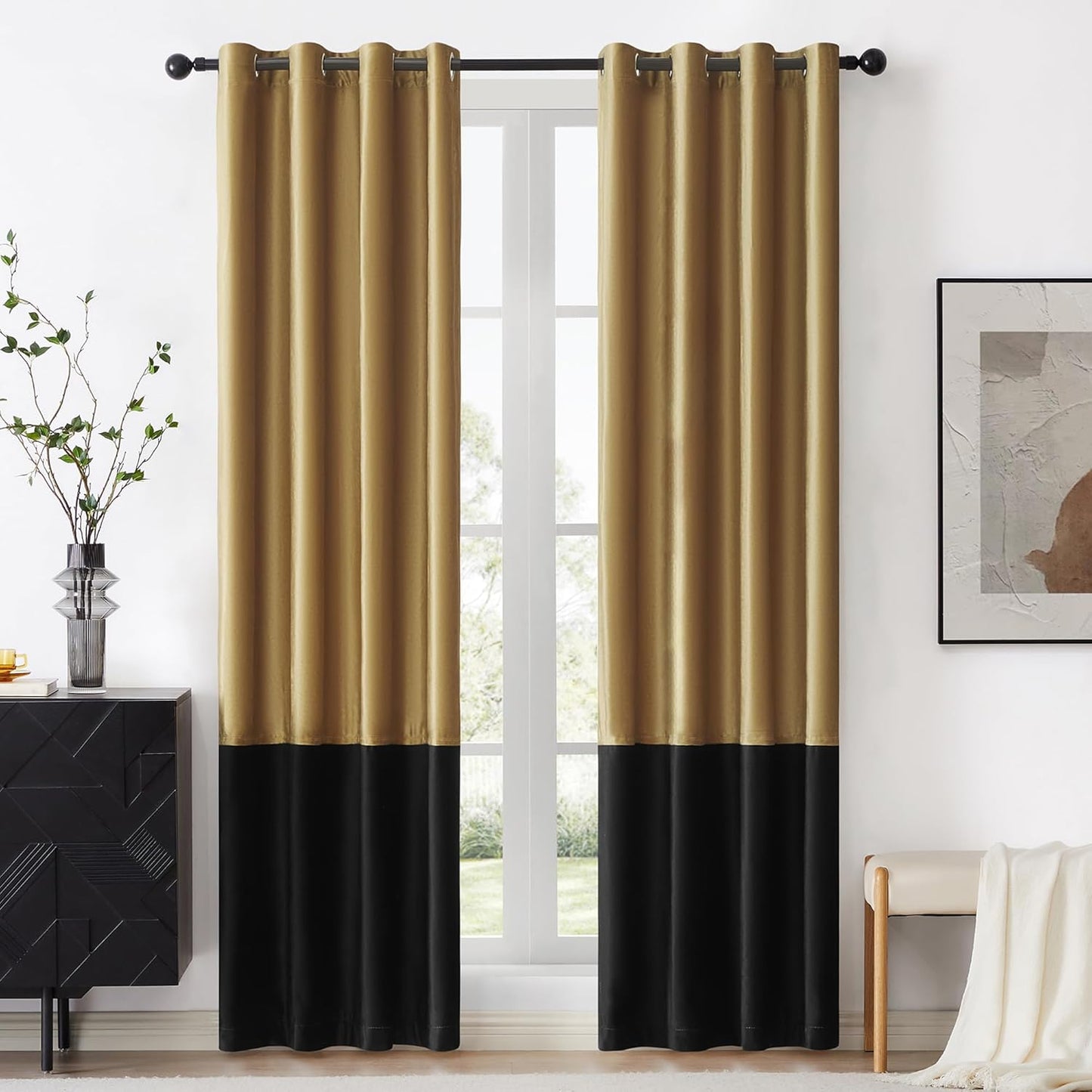 Gold Black Velvet Color Block Window Curtains for Darkening