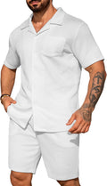 URRU Mens 2 Piece Summer Casual Texture Shirt and Shorts Set