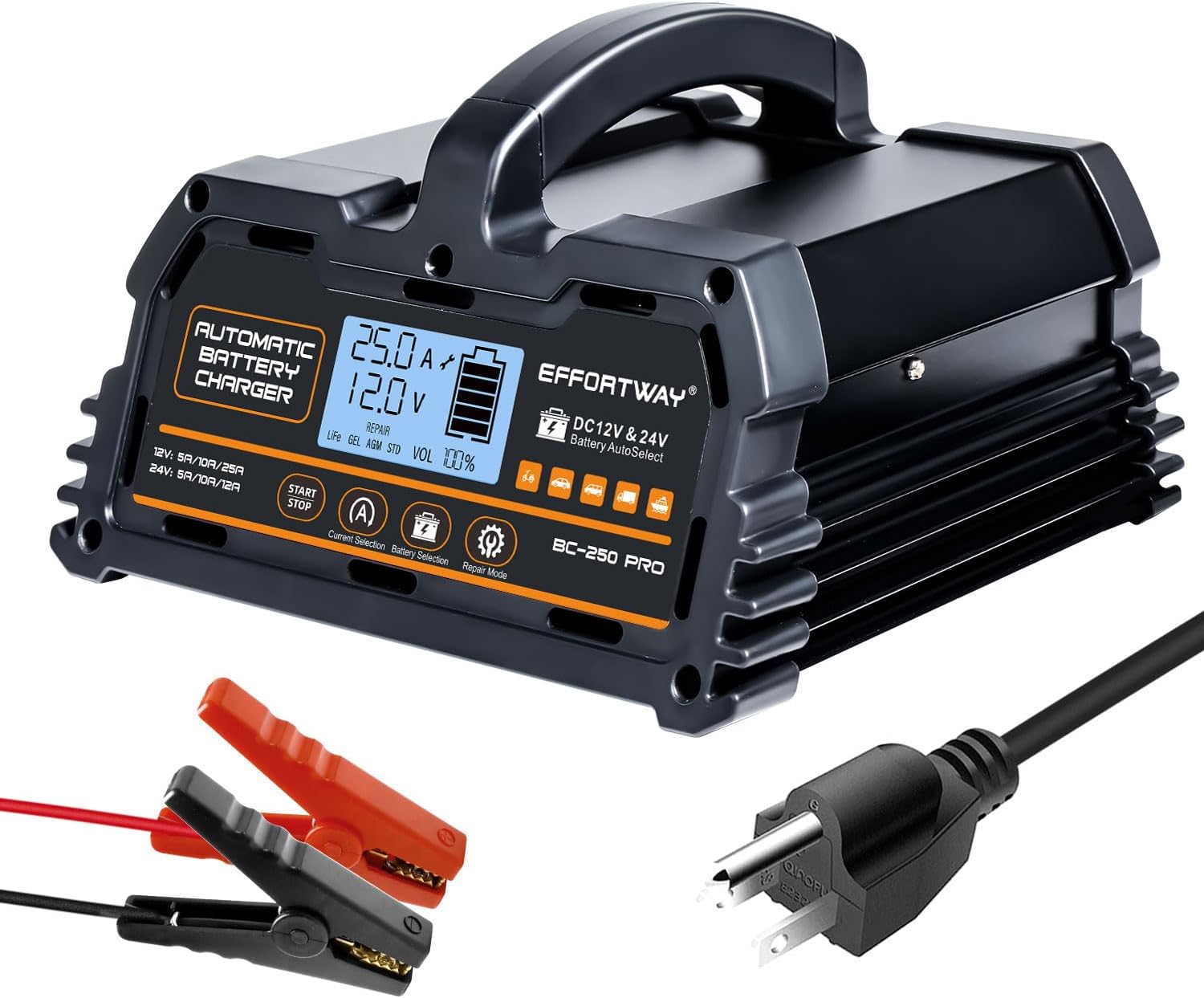 EFFORTWAY Smart 25A Battery Charger - Optimal Charging for Vehicles