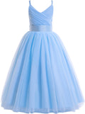 Sky Blue Flower Girls Tulle Dress - Spaghetti Strap A-Line Gown