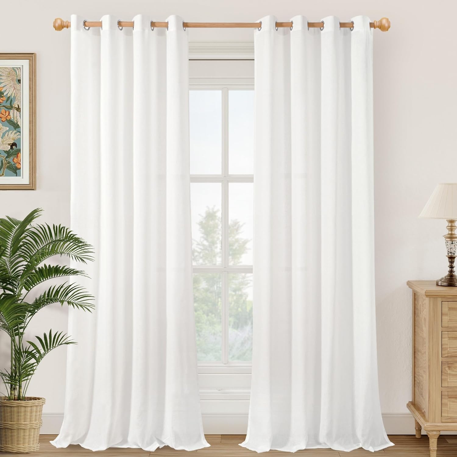 YoungsTex 90 Inch Length White Linen Semi Sheer Curtains for Home