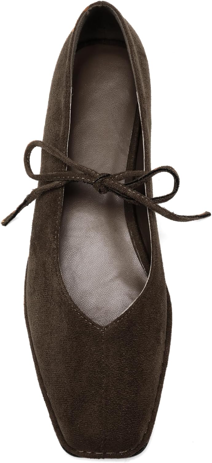 Lace Up Square Toe Ballet Flats for Women with Cute Bow Design
