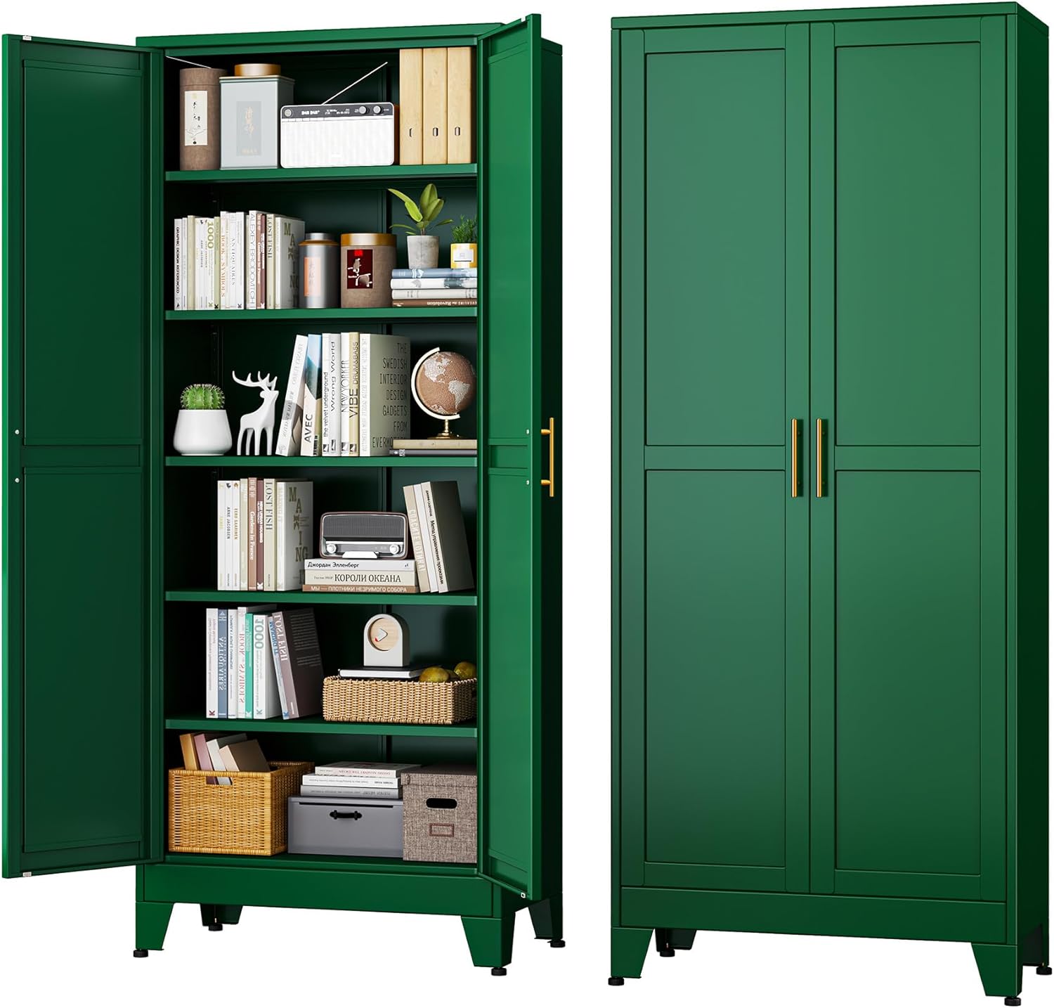 Green Metal Storage Cabinet with Adjustable Shelves for Home Use