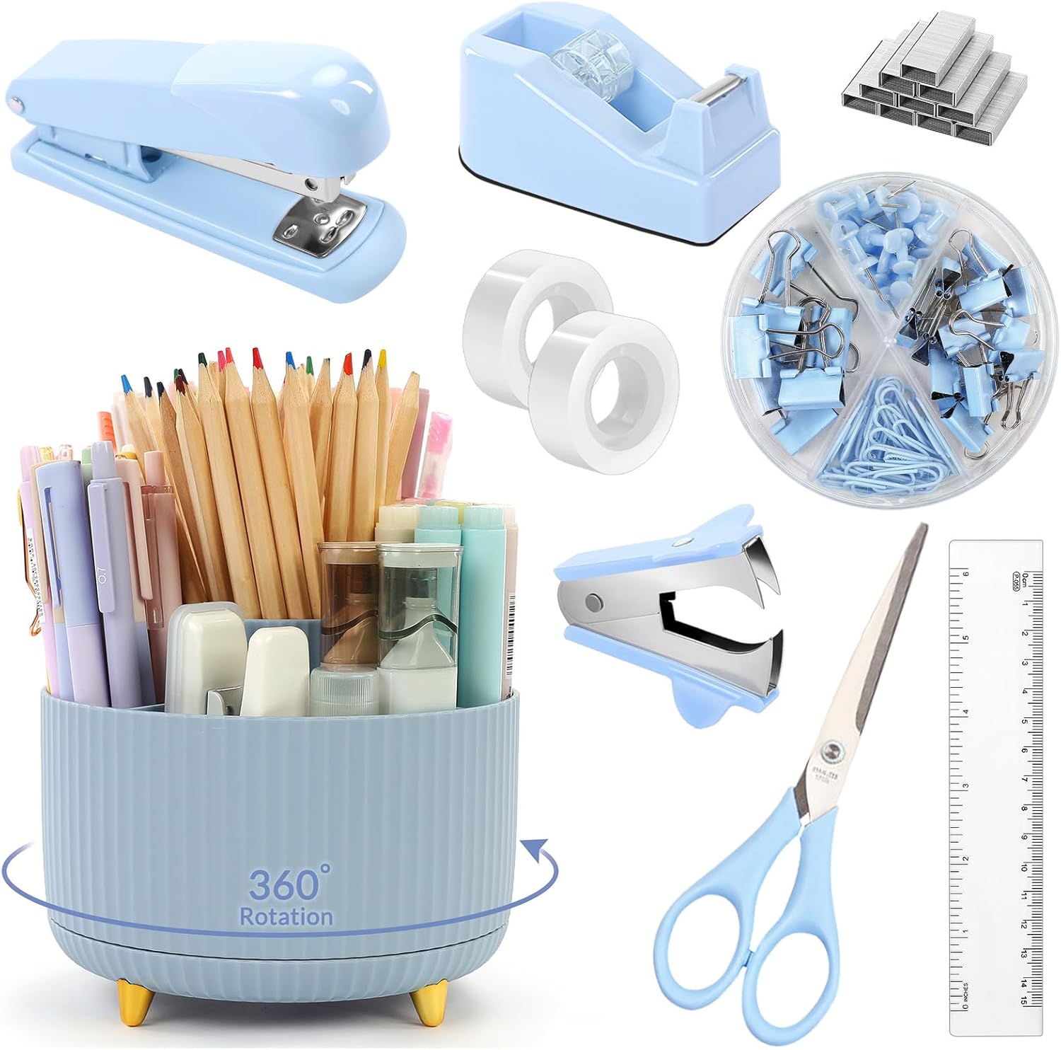 360-Degree Rotating Desk Organizer Set - Blue